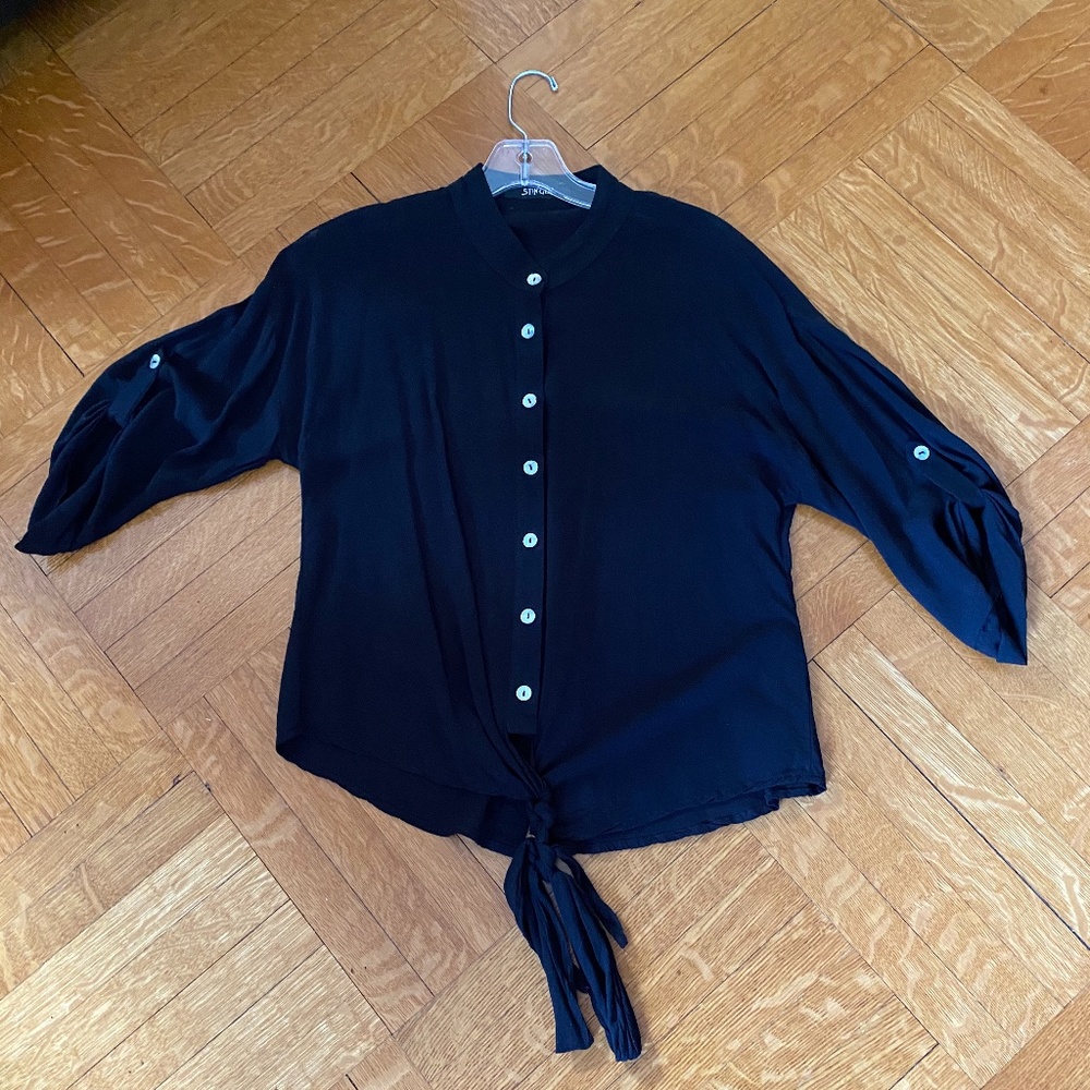 Black blouse with tie bottom